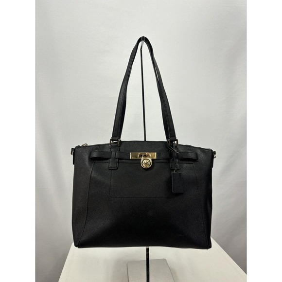Michael Kors Shoulder Bag Black Saffiano Leather Large Dome Purse Tote - Picture 1 of 16